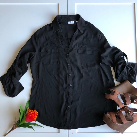 New York & Company Tops - 🟣5/$25🟣 NY&Co Black Roll Tab Blouse (B5)